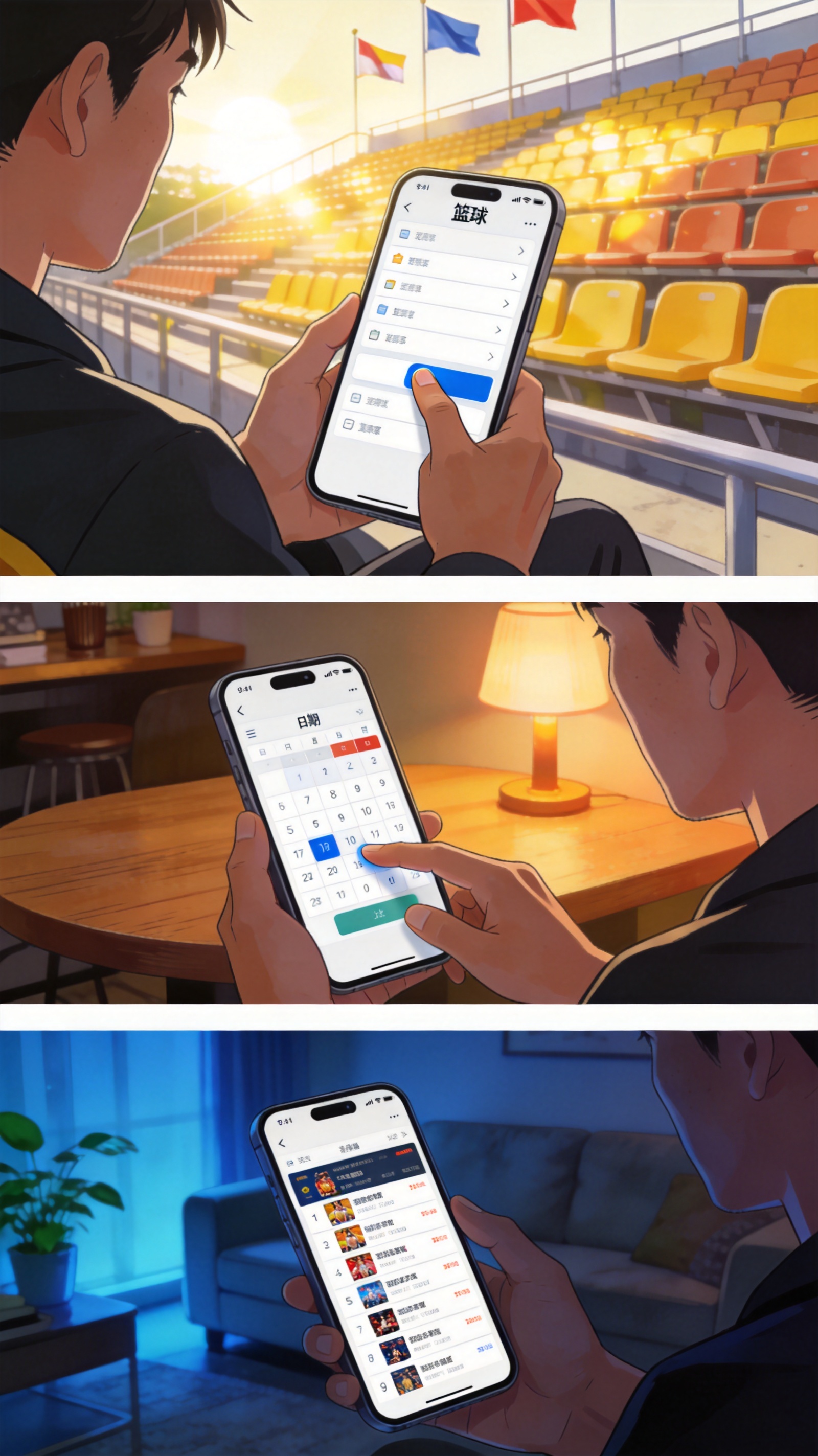 移动端比分查询操作示意图，展示按赛事类型与日期逐步定位比赛的过程